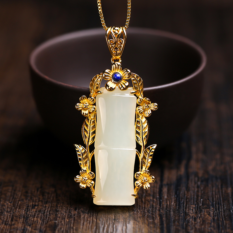 印象眸s925银镶和田玉节节高吊坠女款玉石镶嵌竹子挂件附送证书