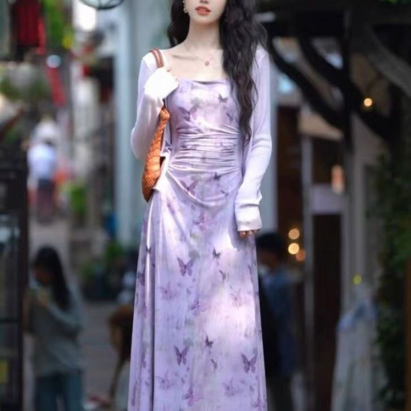 碎花吊带连衣裙女春秋季新款收腰显瘦设计感小个子外搭开衫两件套