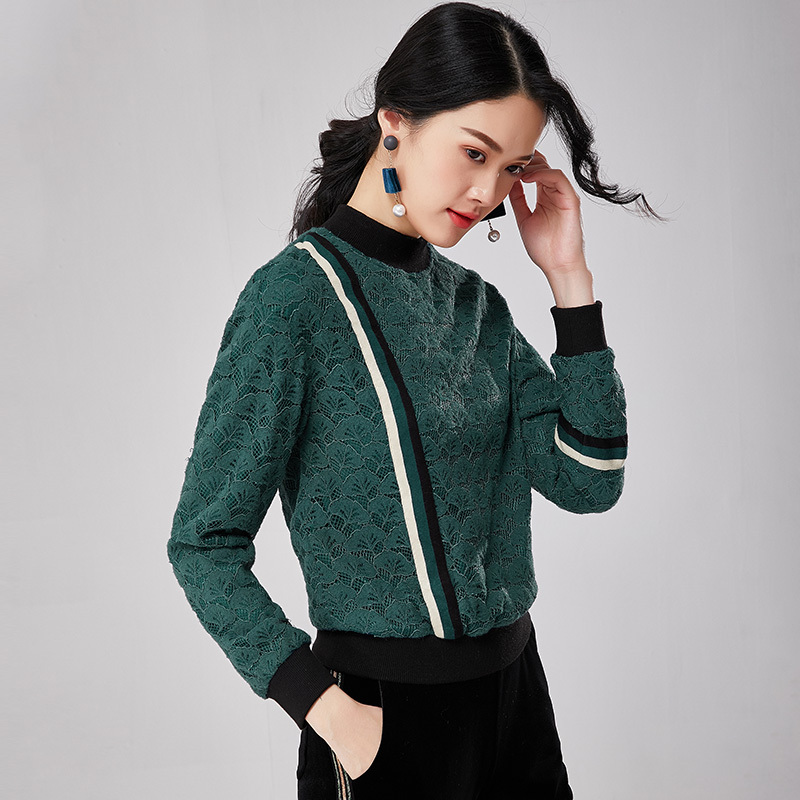 欧昵雪秋冬季螺纹半高领套头卫衣女长袖蕾丝打底衫上衣