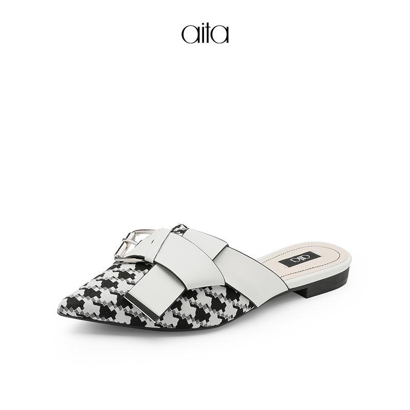 aita艾塔春季新款格子布拖鞋尖头女鞋子平底平跟鞋休闲拖鞋子