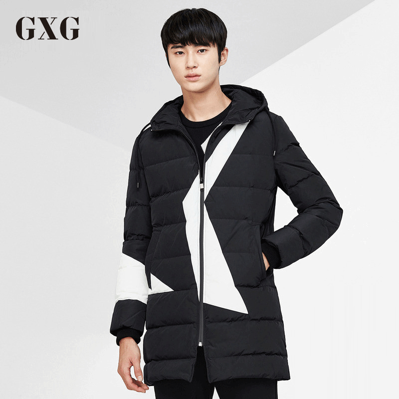 gxg羽绒服男装冬季修身时尚黑色中长款休闲羽绒服外套
