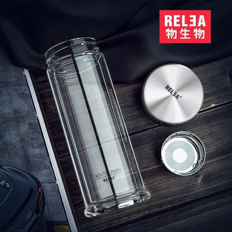 物生物(RELEA)风范双层玻璃杯男女创意茶杯夏天水杯过滤 风范杯带盖便携水晶杯子