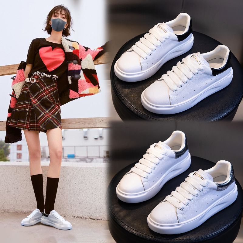 策霸头层牛皮小白鞋女秋冬季2020新款麦昆真皮女鞋平底休闲运动单鞋女