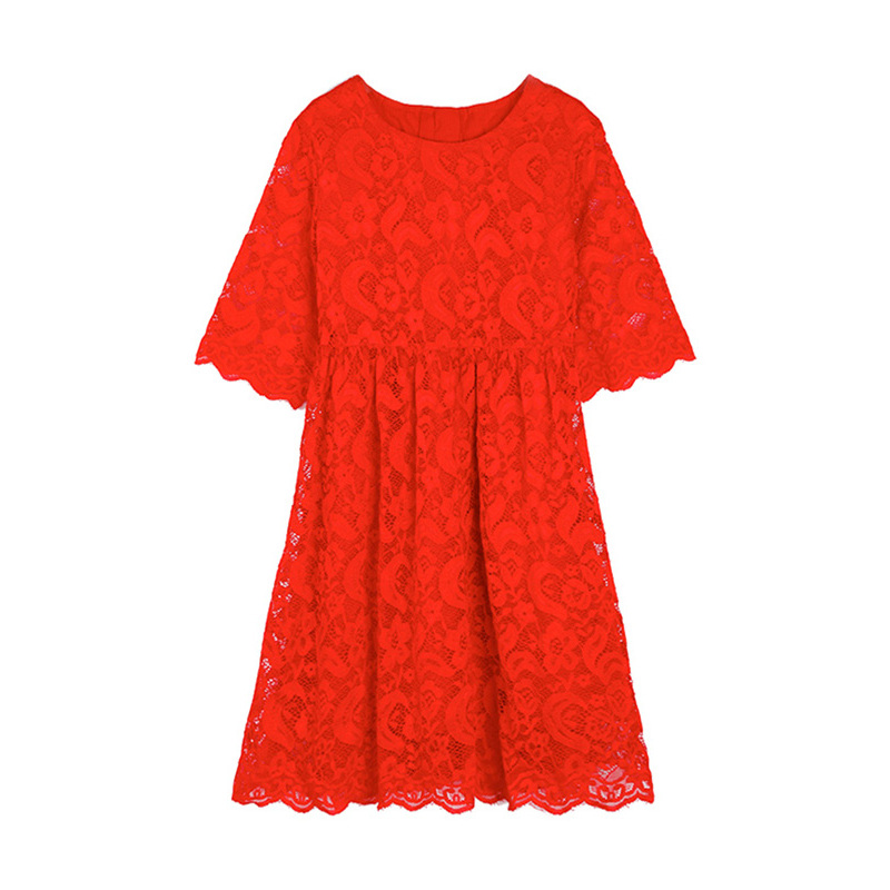 鸭鸭童装女童夏装红色蕾丝连衣裙中大童儿童宝宝公主裙子新款
