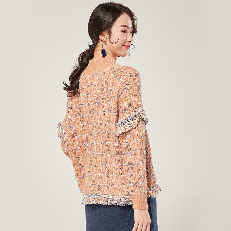 欧昵雪花色半高领宽松针织毛衣女粗毛线长袖毛边上衣