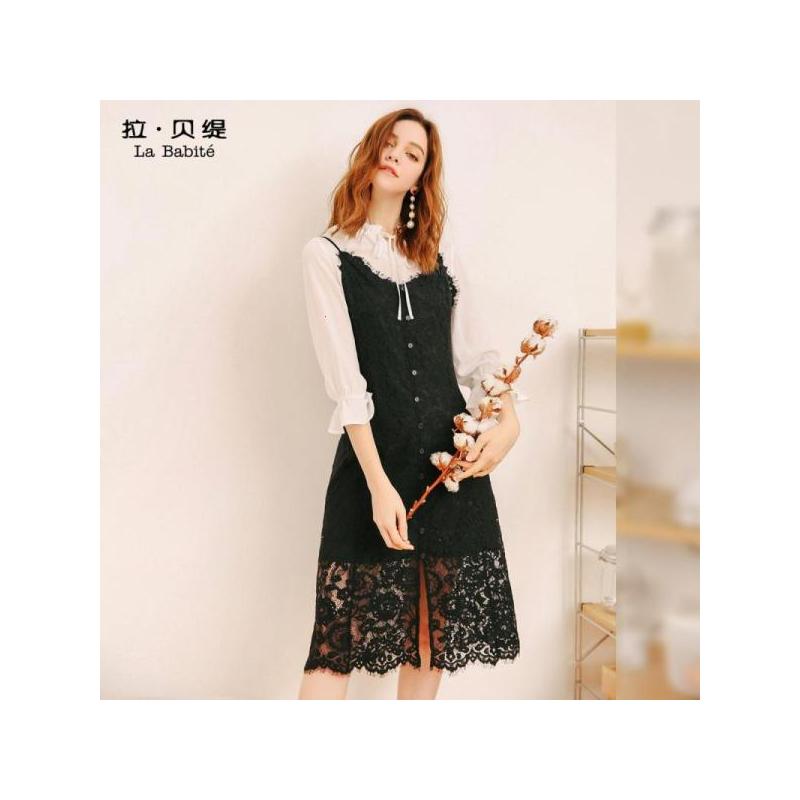 拉贝缇套装裙秋装小清新上衣蕾丝连衣裙雪纺衬衫两件套女60006386