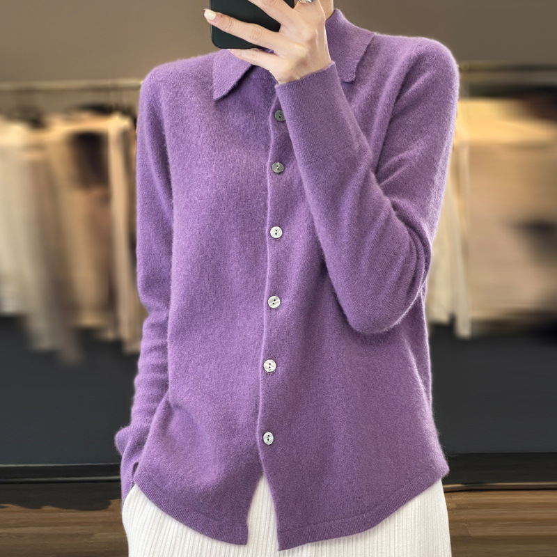 春秋POLO领针织衬衫外搭宽松长袖毛衣安迪绒开衫女士气质翻领外套