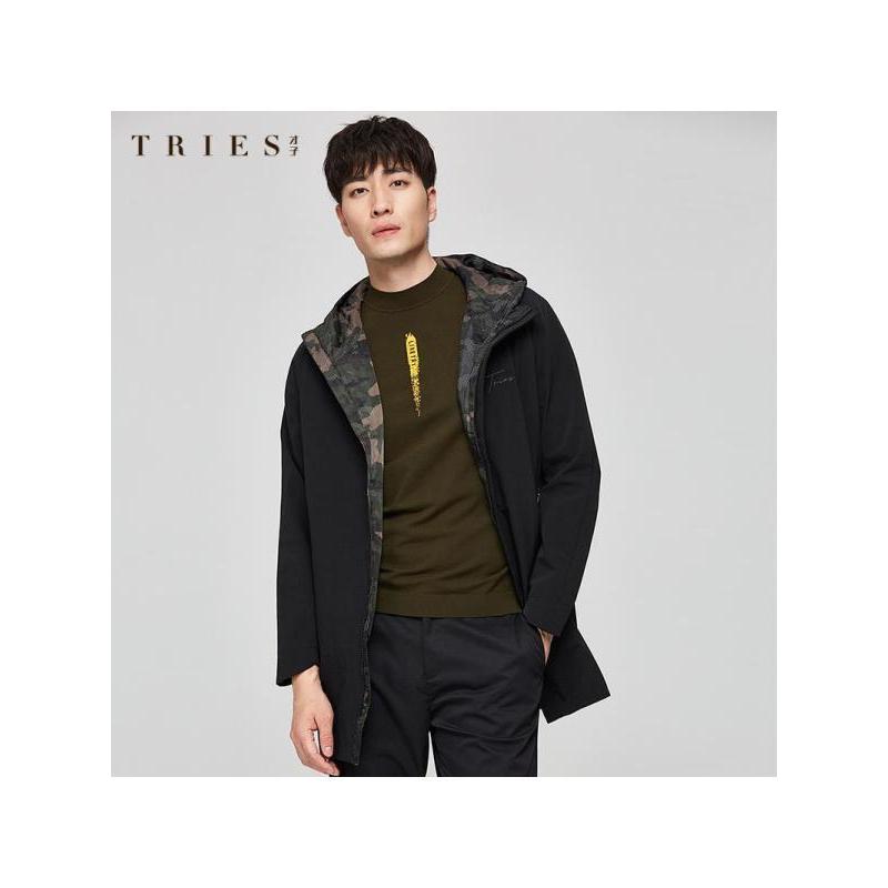 才子男装连帽夹克男士2020秋季新款迷彩修身薄款黑色中长款外套