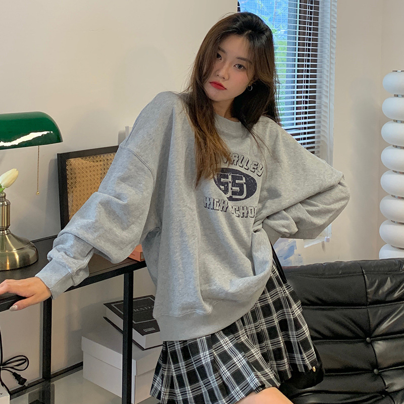 美式复古印花圆领卫衣女秋装百搭打底衫常规款休闲宽松上衣薄款潮
