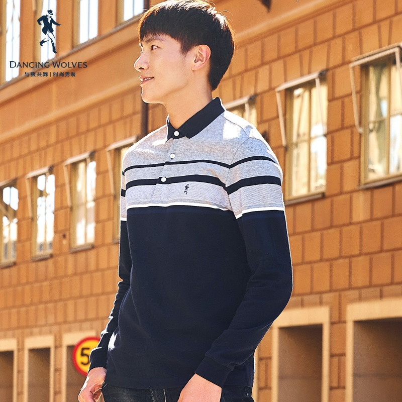 与狼共舞长袖T恤男2019秋季新款男装纯棉翻领条纹休闲polo衫男DZ