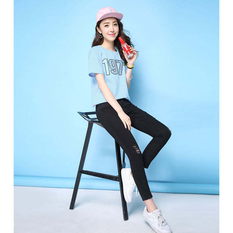 拉夏贝尔puella普埃拉2018夏装新款休闲修身破洞中腰铅笔裤长裤女