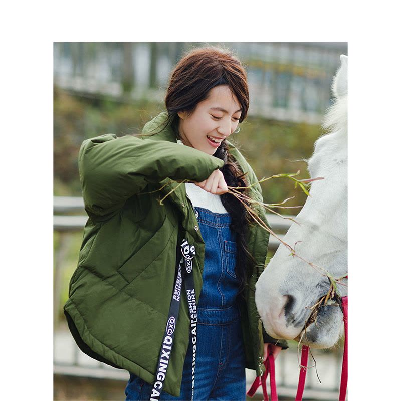 茵曼2018春装新款翻领短款白鸭绒短款保暖防寒羽绒服女图片