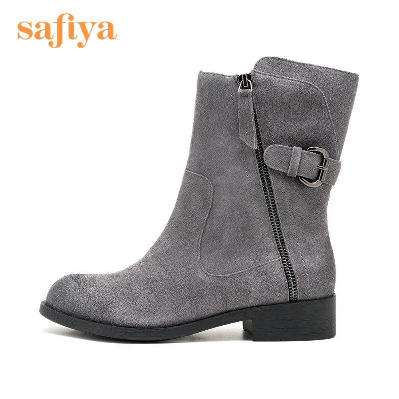 索菲娅Safiya牛皮圆头中跟拉链皮带装饰深口女鞋SF64116243图片