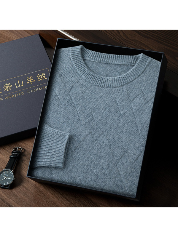 秋冬新款男士圆领羊绒衫纯色提花加厚毛衣宽松休闲菱形打底针织衫