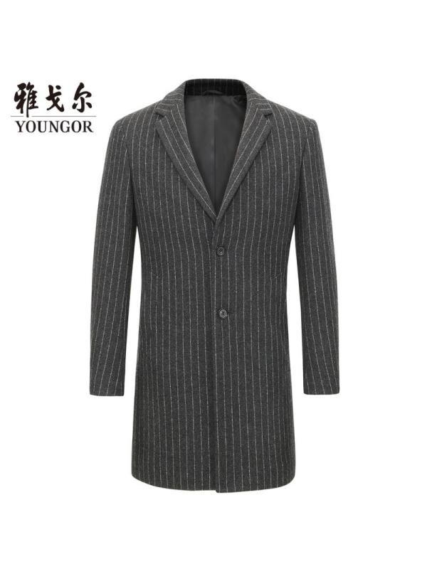 Youngor/雅戈尔男装商务休闲羊毛混纺 修身剪裁 优雅素色灰色大衣004DWY 灰底白条 180/100A