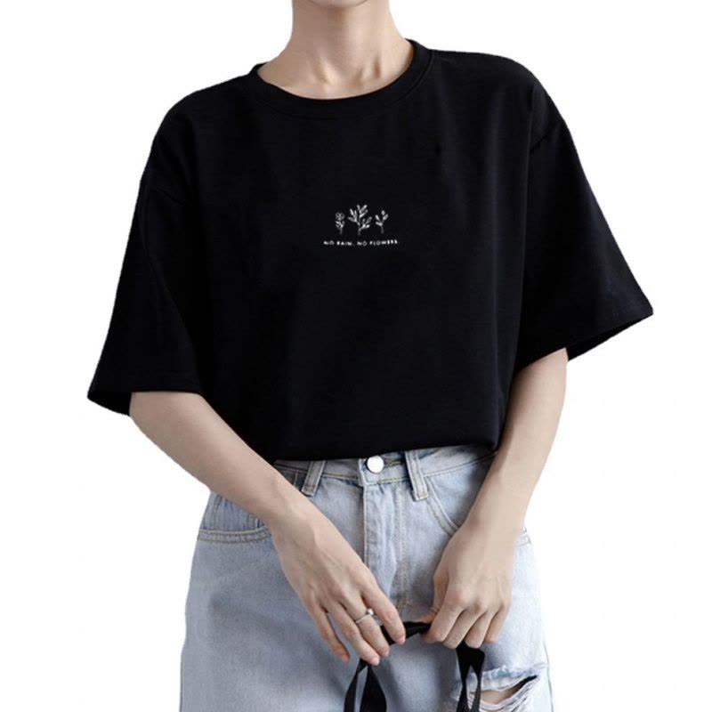 短袖韩版圆领T恤女夏季宽松植物印花休闲纯色打底衫上衣韩国女装图片