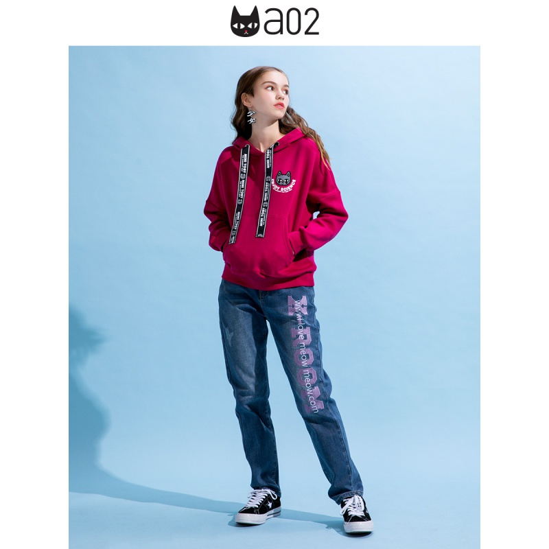a02新款时尚卡通字母抽绳宽松潮印花连帽卫衣女DTU5BA141KT