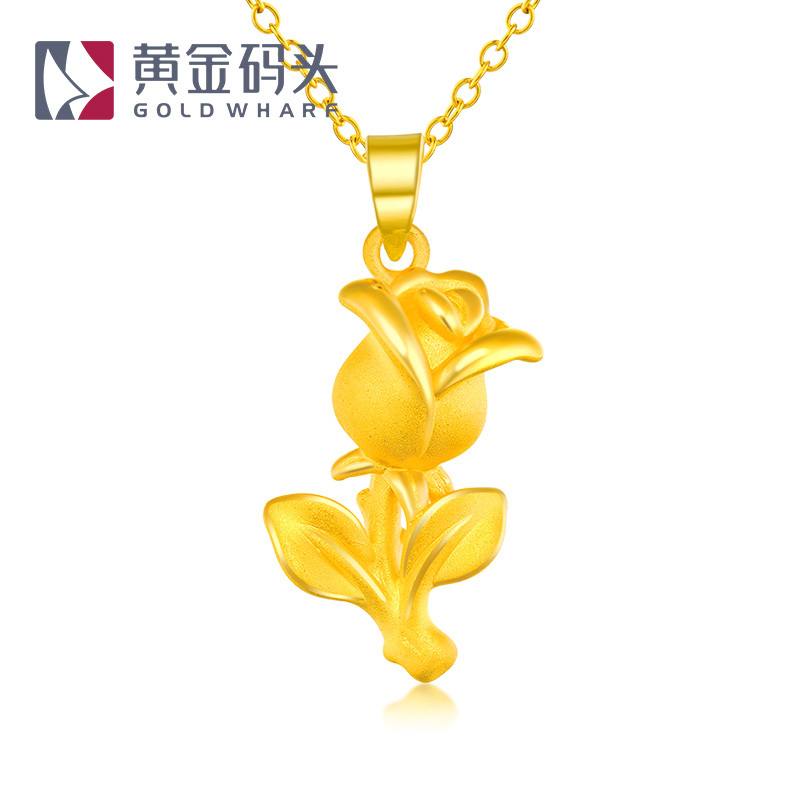 黄金码头 3D硬金精品吊坠立体玫瑰花足金999坠子送女友爱人表白求爱礼物