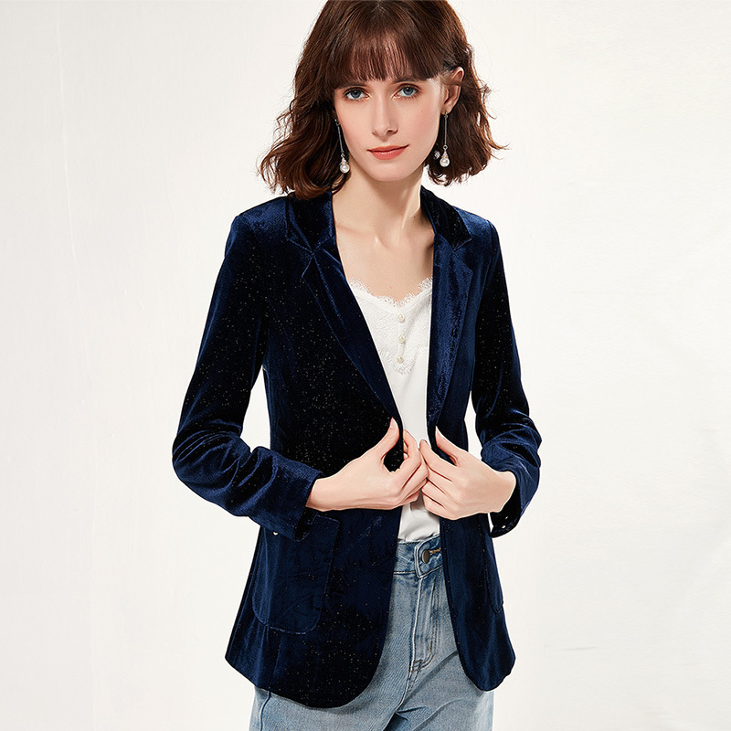 欧昵雪秋冬装通勤一粒扣丝绒西装外套女修身收腰亮丝西服