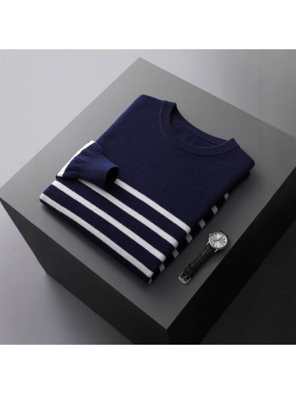 男式羊毛衫海军风条纹圆领拼色套头长袖毛衣羊毛中厚针织衫秋冬款