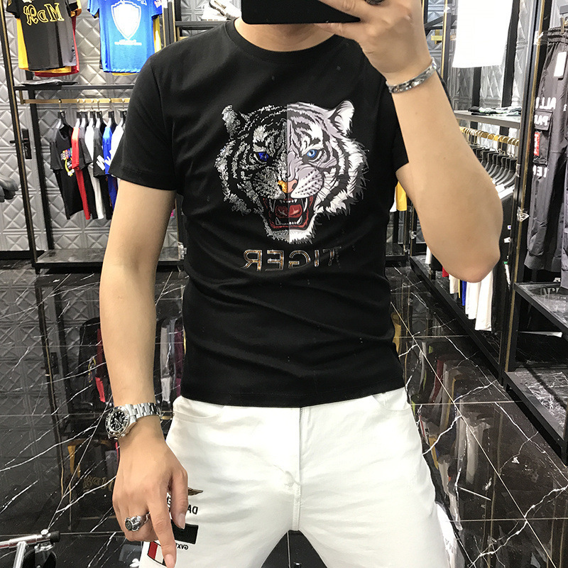 欧洲站夏季新款男士丝光棉短袖T恤韩版潮流重工烫钻老虎头印花T恤