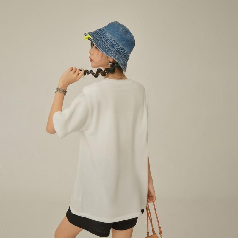 OtherMix白色贴布T恤2021年夏季新款欧美简约风中长款短袖女上衣