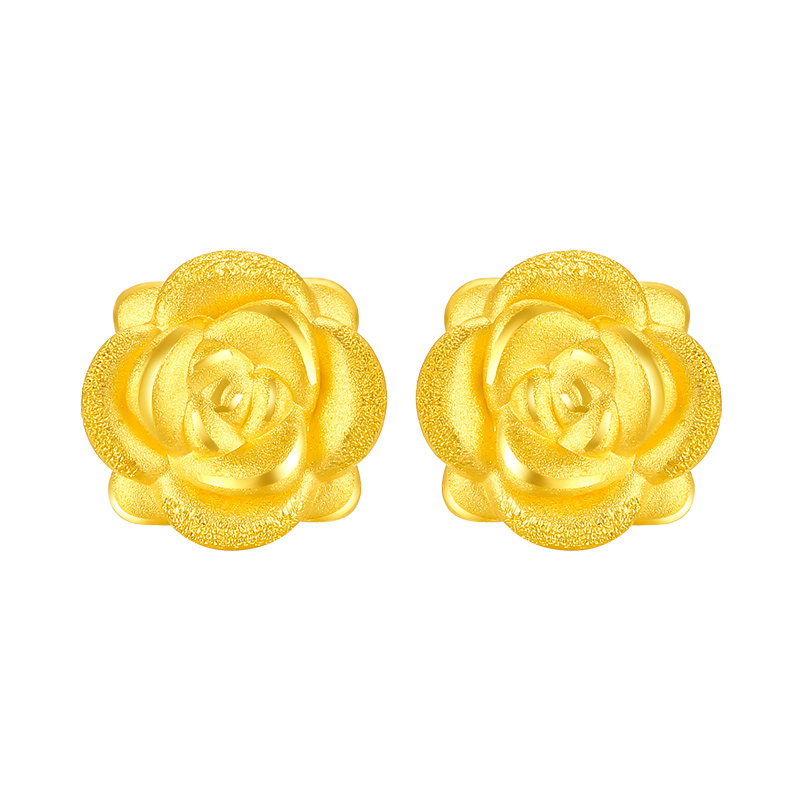 周六福珠宝3d硬金女款玫瑰花足金耳环黄金耳钉定价ad090254参数