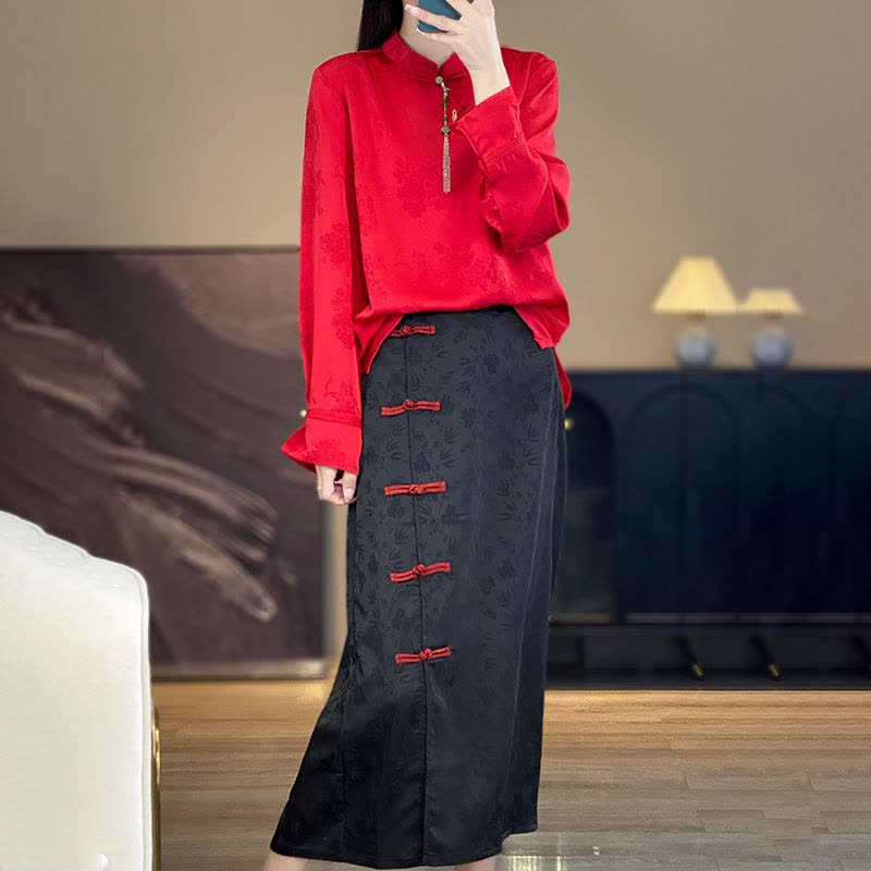 批国风复古半身裙女春秋新款醋酸缎面提 花太太气质开叉A字裙图片