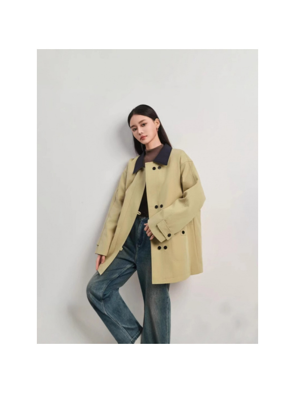 高级感气质休闲风衣外套女年显瘦新款韩系拼接撞色双排扣上衣
