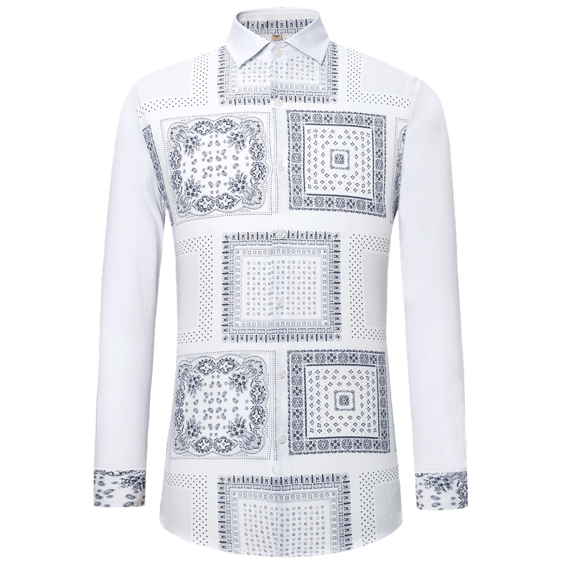 才子男装印花衬衫长袖秋季新款白色衬衣男士修身休闲时尚方领 m 灰色