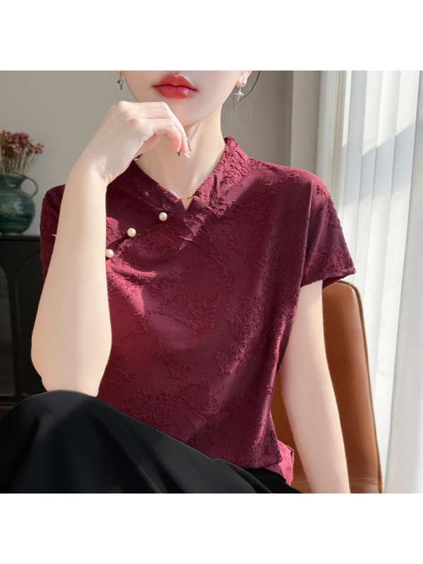 2026年春夏新款新中式国风蚕丝立领针织衫短袖重工提花宽松T恤女