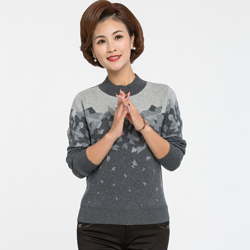 恒源祥羊毛衫女半高领中老年冬季拼色镶钻厚60岁妈妈装针织衫毛衣