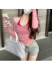纯欲风甜辣妹一字肩防晒收腰长袖夏季新款短T恤上衣打底衫上衣女