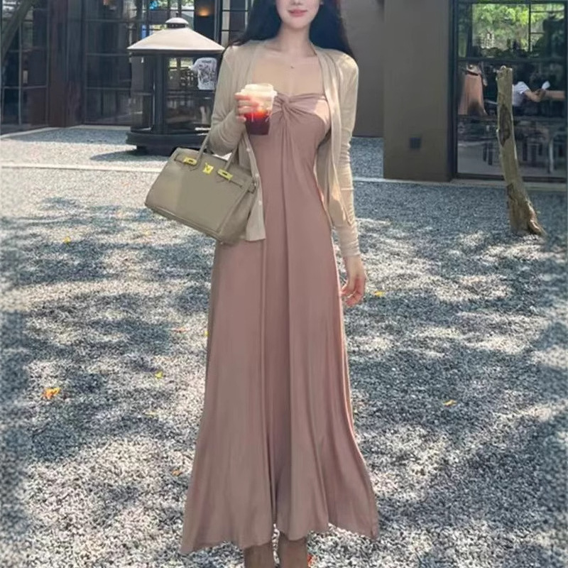 纯欲温柔风氛围感扭结抹胸显瘦长款连衣裙+薄款长袖防晒开衫套装
