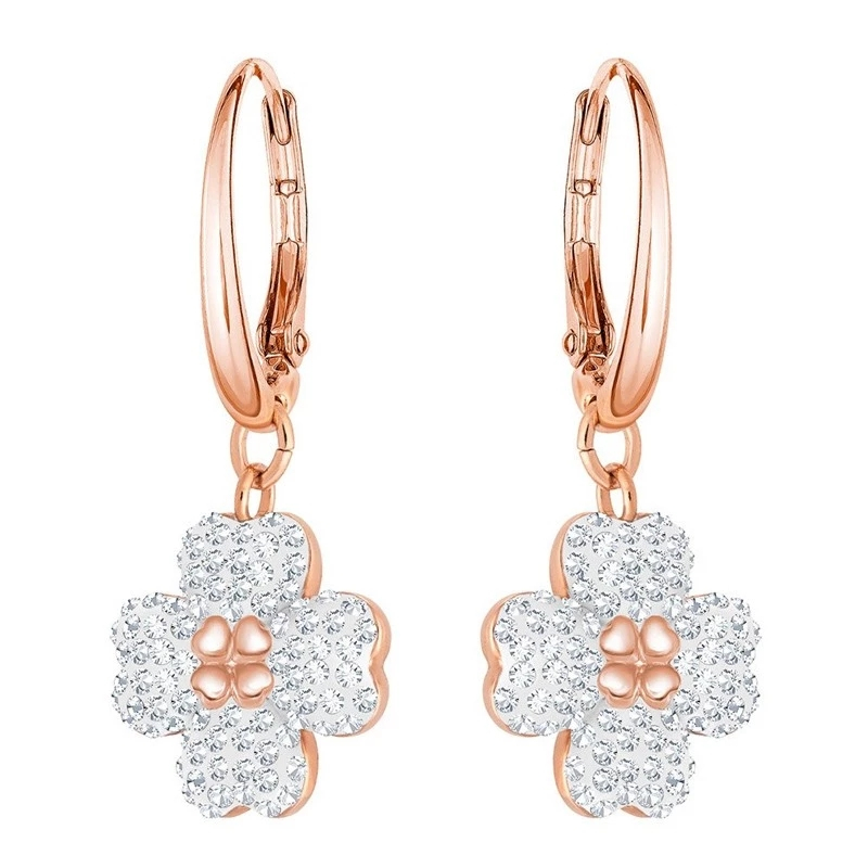 swarovski施华洛世奇典雅气质花朵玫瑰金色四叶草水晶耳环圆脸