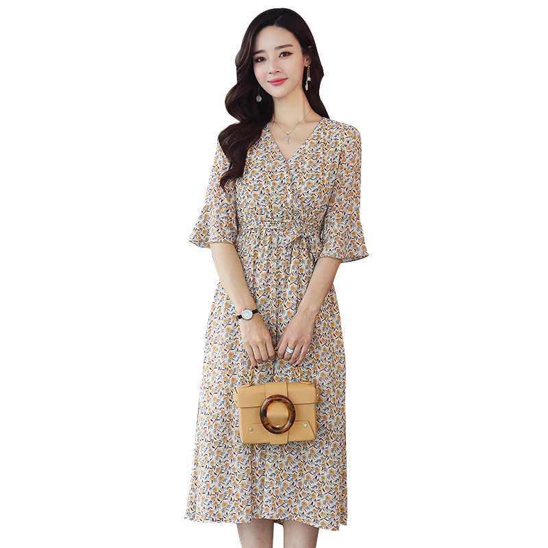 丝柏舍2020年春女小碎花V领收腰中长款大摆连衣裙（不含配件）S81R0739L