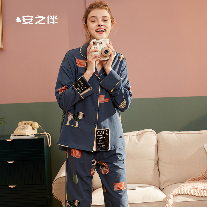 安之伴睡衣女春季长袖韩版卡通开衫套装全棉可外穿女士家居服套装