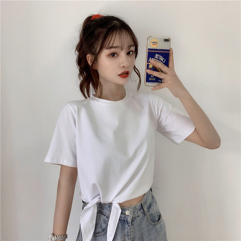 设计感打底衫女夏季新款韩版时尚高腰短款短袖纯色小心机T恤女装