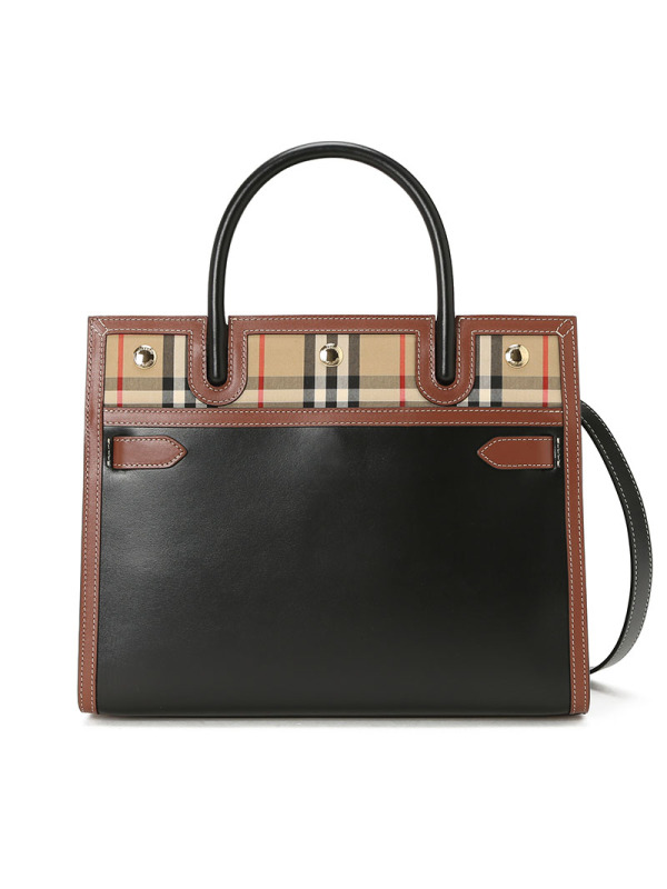 预售 博柏利BURBERRY Title 通勤手拎小号 字母印字标格纹拼皮 女士手提包 8025269金扣