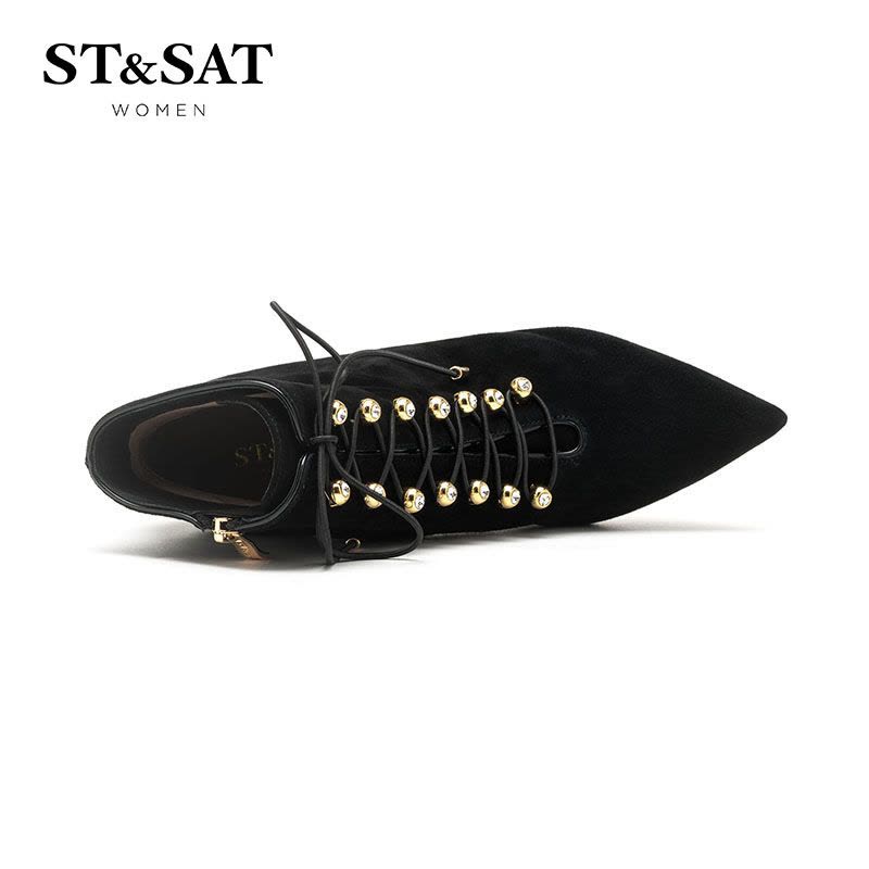 星期六（ST&SAT） 绒面羊皮尖头高跟交叉绑带纯色时尚短靴女鞋图片