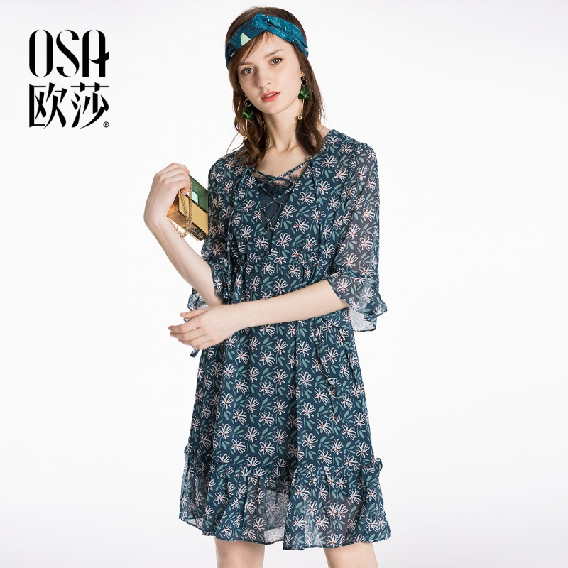 OSA欧莎碎花V领雪纺法式少女收腰显瘦连衣裙女2018夏季两件套