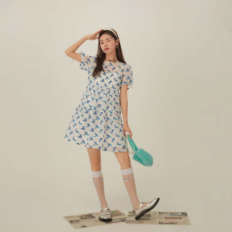OtherMix碎花泡泡袖连衣裙女2021年夏季新款印花短袖圆领宽松裙子