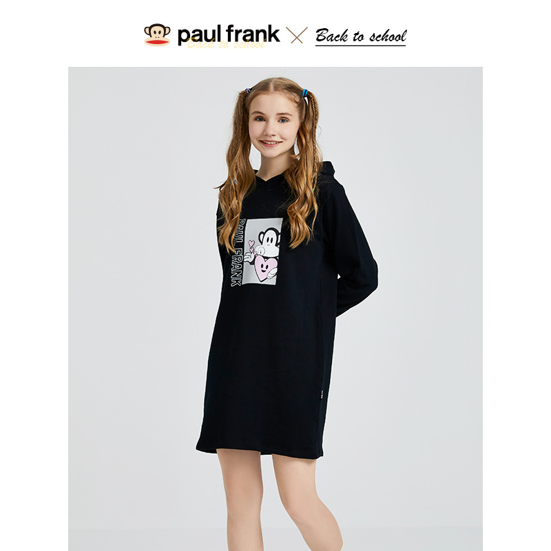 Paul Frank/大嘴猴春秋季新款宽松印花连帽长袖卫衣连衣裙女