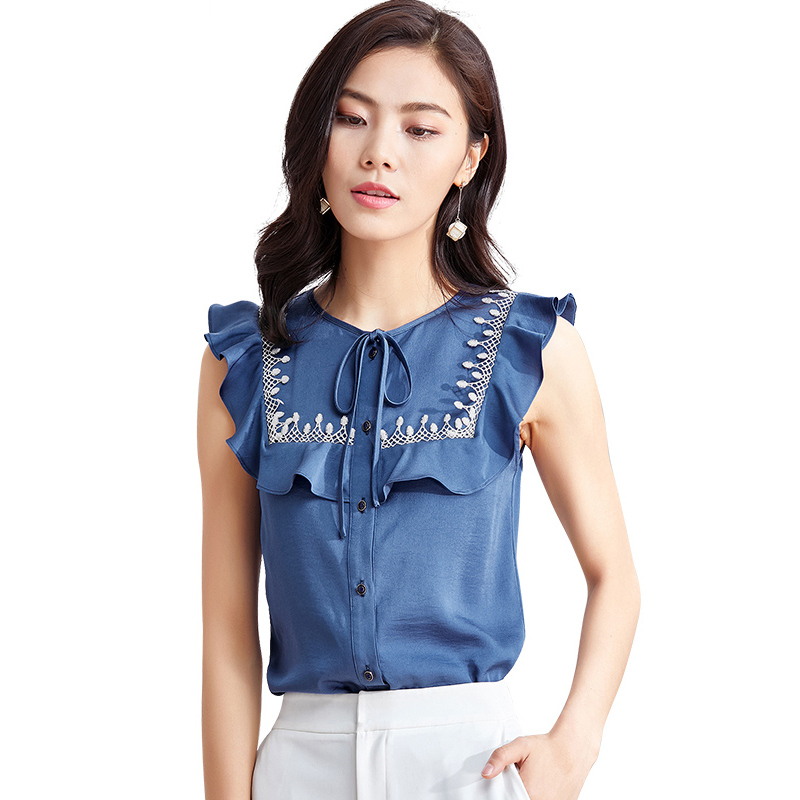 欧昵雪夏圆领蝴蝶结系带衬衣拼接荷叶边无袖衬衫女上衣x