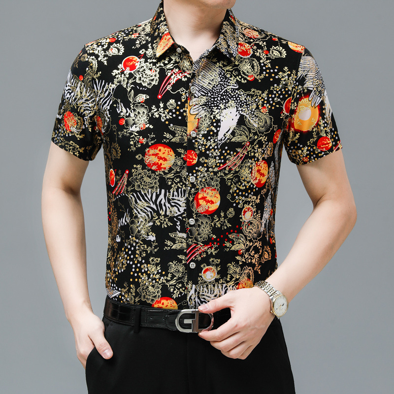 夏季男士衬衫短袖新款中青年时尚印花衬衣休闲半袖潮流寸衫男装