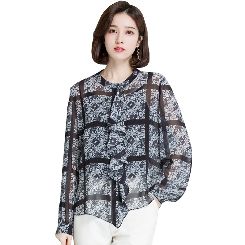 恒源祥女士100桑蚕丝衬衫2020春装新款不规则印花长袖蚕丝大码上衣