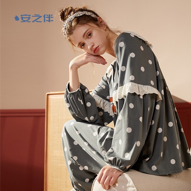安之伴睡衣女秋棉质少女家居服弹力针织印可爱少女小圆点可外穿长袖女套装