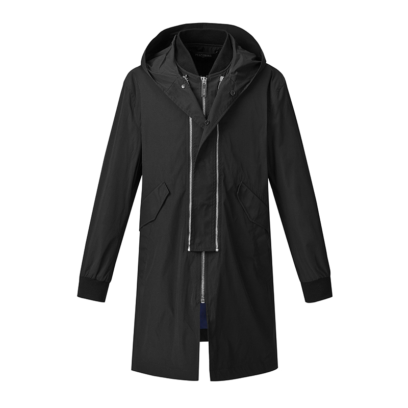 太平鸟男装时尚长款带帽风衣韩版拉链修身带帽外套