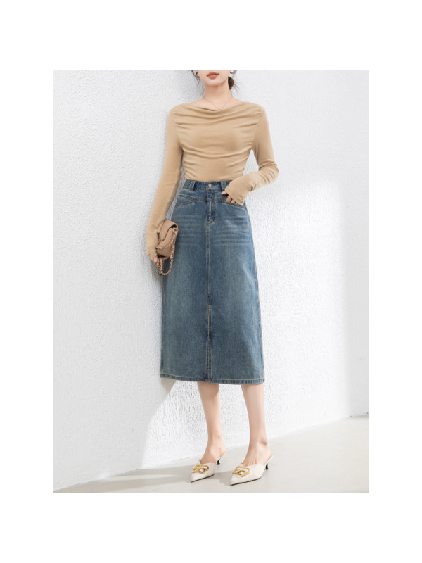 开叉牛仔半身裙女秋季新款高腰A字中长裙复古显瘦宽松裙