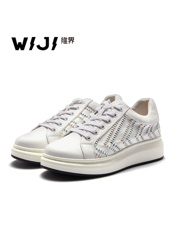 WIJI维界女鞋秋季新款特色彩色编织系带圆头低帮鞋韩版时尚小白鞋